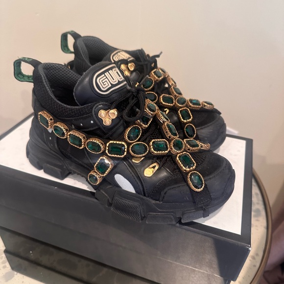 Gucci Womens Journey Flashtrek Crystal Black Green Hiker Sneaker 37 Preloved - Picture 1 of 7
